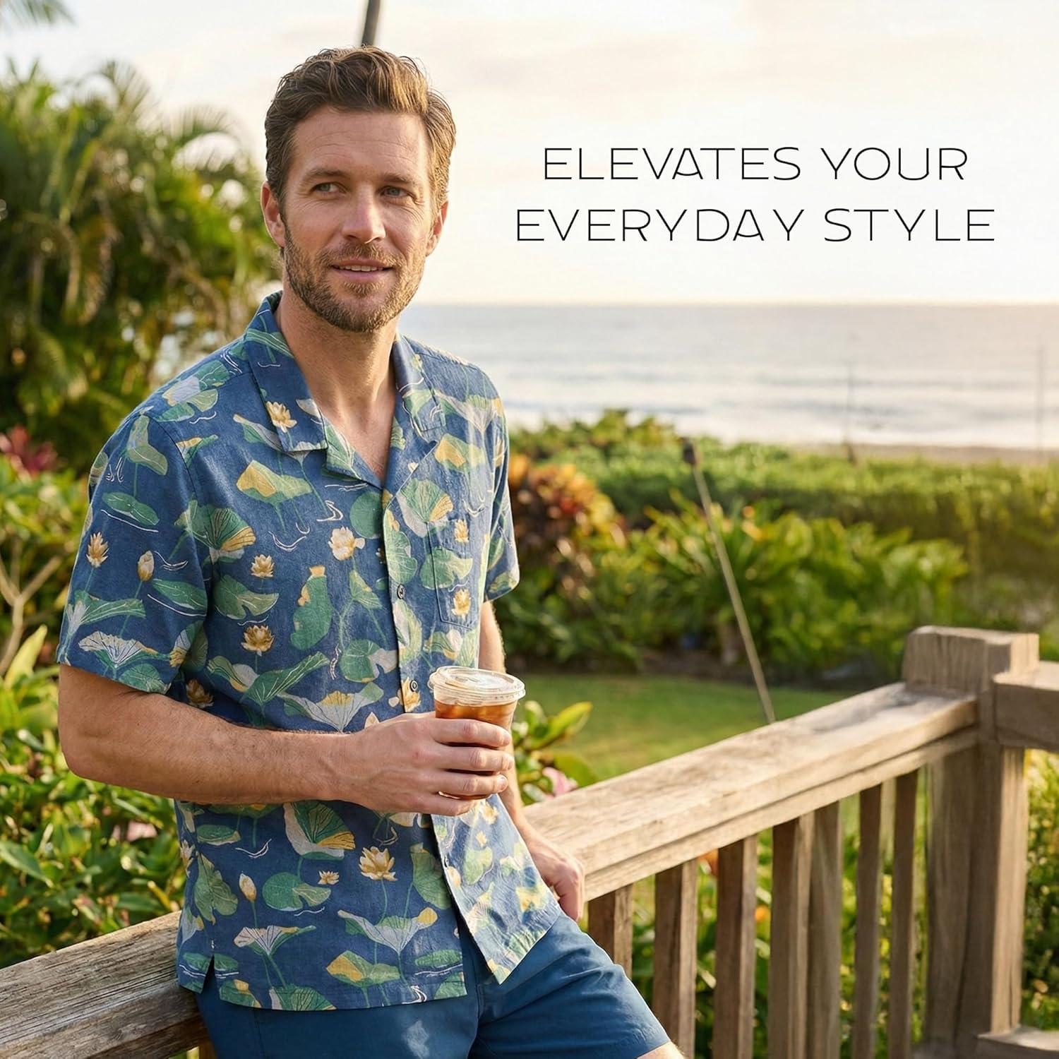 image:imagePendleton Mens Aloha Linen Camp Shirt Short Sleeve Button Up Sport Collar Untuck Fit WashableLily Pad Blue