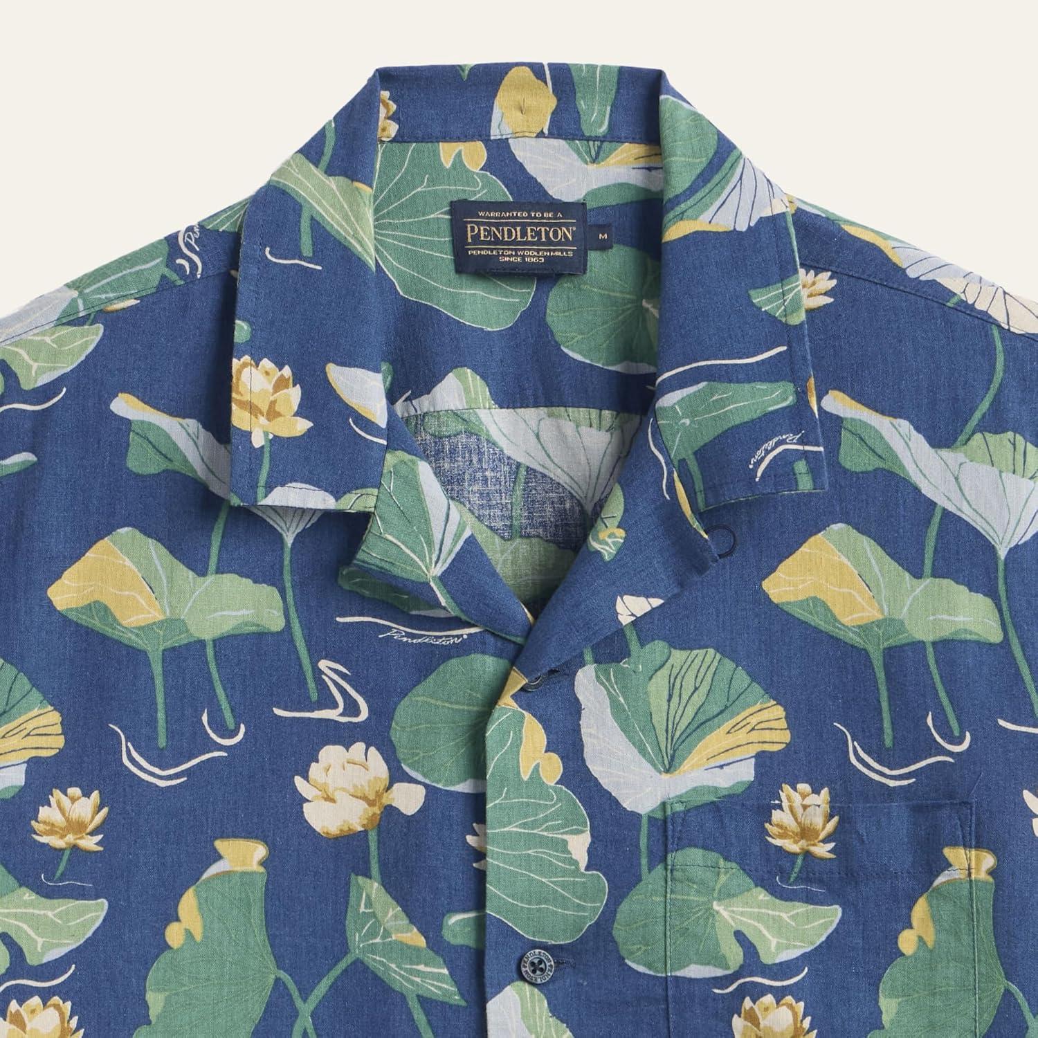 image:imagePendleton Mens Aloha Linen Camp Shirt Short Sleeve Button Up Sport Collar Untuck Fit WashableLily Pad Blue