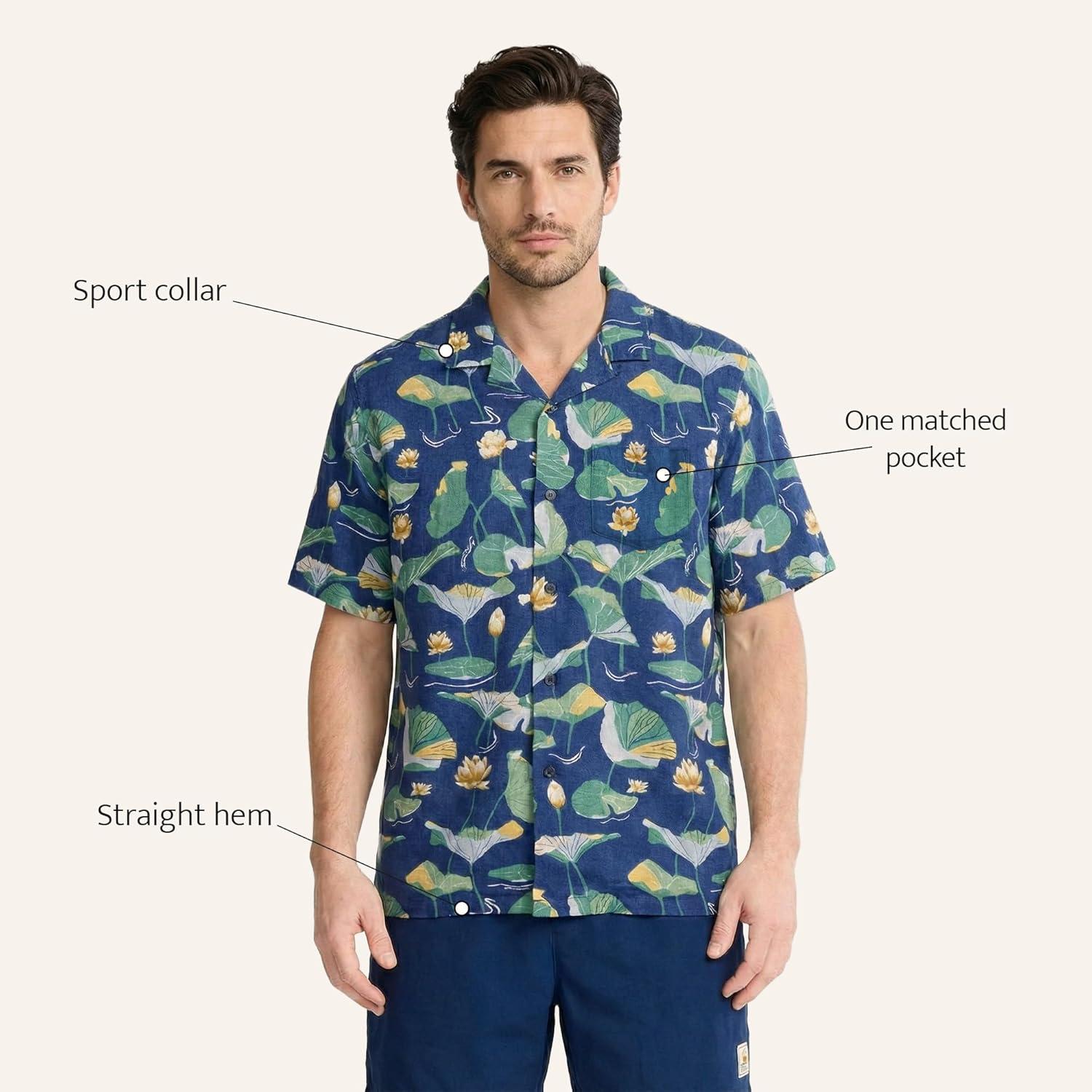 image:imagePendleton Mens Aloha Linen Camp Shirt Short Sleeve Button Up Sport Collar Untuck Fit WashableLily Pad Blue