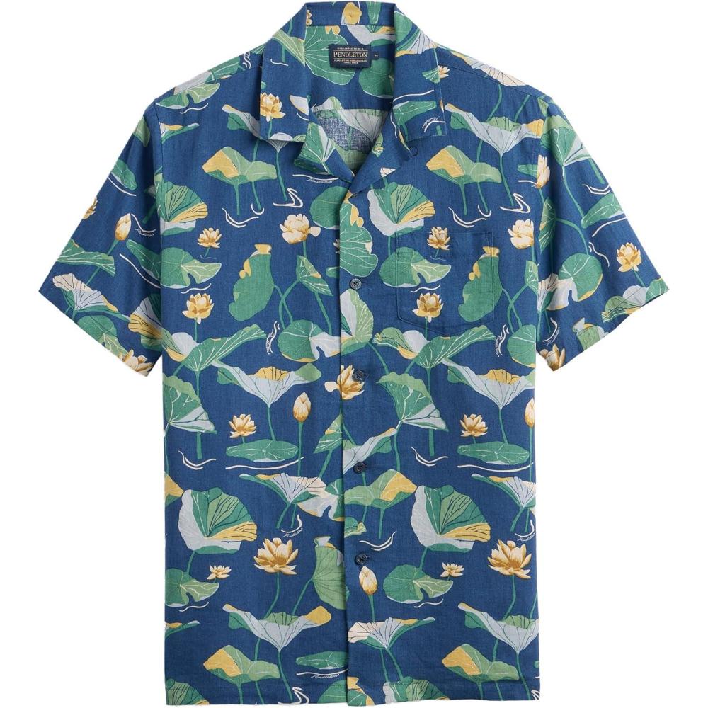 image:imagePendleton Mens Aloha Linen Camp Shirt Short Sleeve Button Up Sport Collar Untuck Fit WashableLily Pad Blue