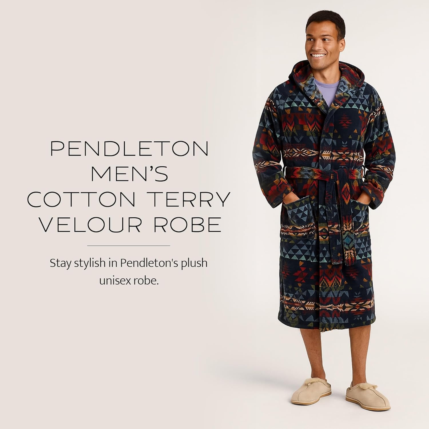 image:imagePendleton Mens Robe 100 Cotton Unisex Bathrobe with Hood and 2 Deep Pockets Dual Sizing XXS SM LXL WashableAutumn Birch Navy