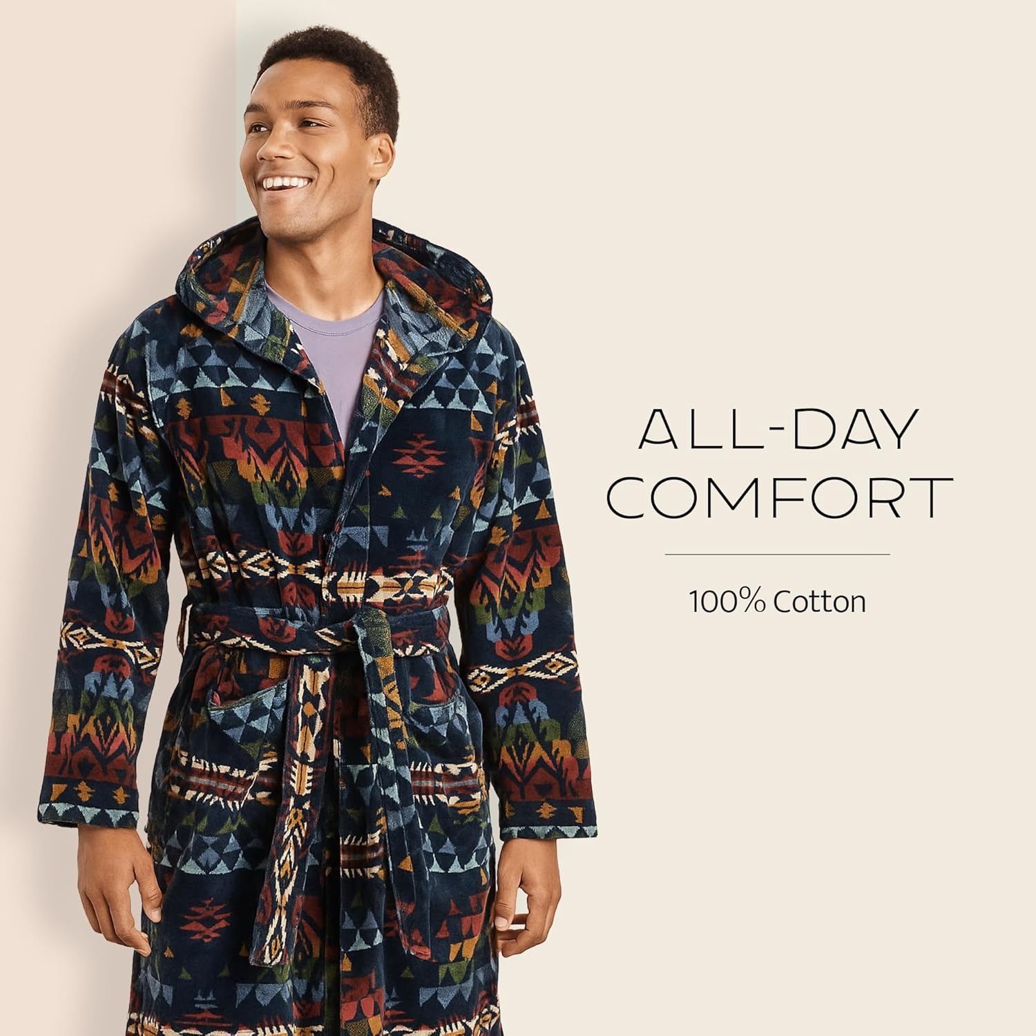image:imagePendleton Mens Robe 100 Cotton Unisex Bathrobe with Hood and 2 Deep Pockets Dual Sizing XXS SM LXL WashableAutumn Birch Navy