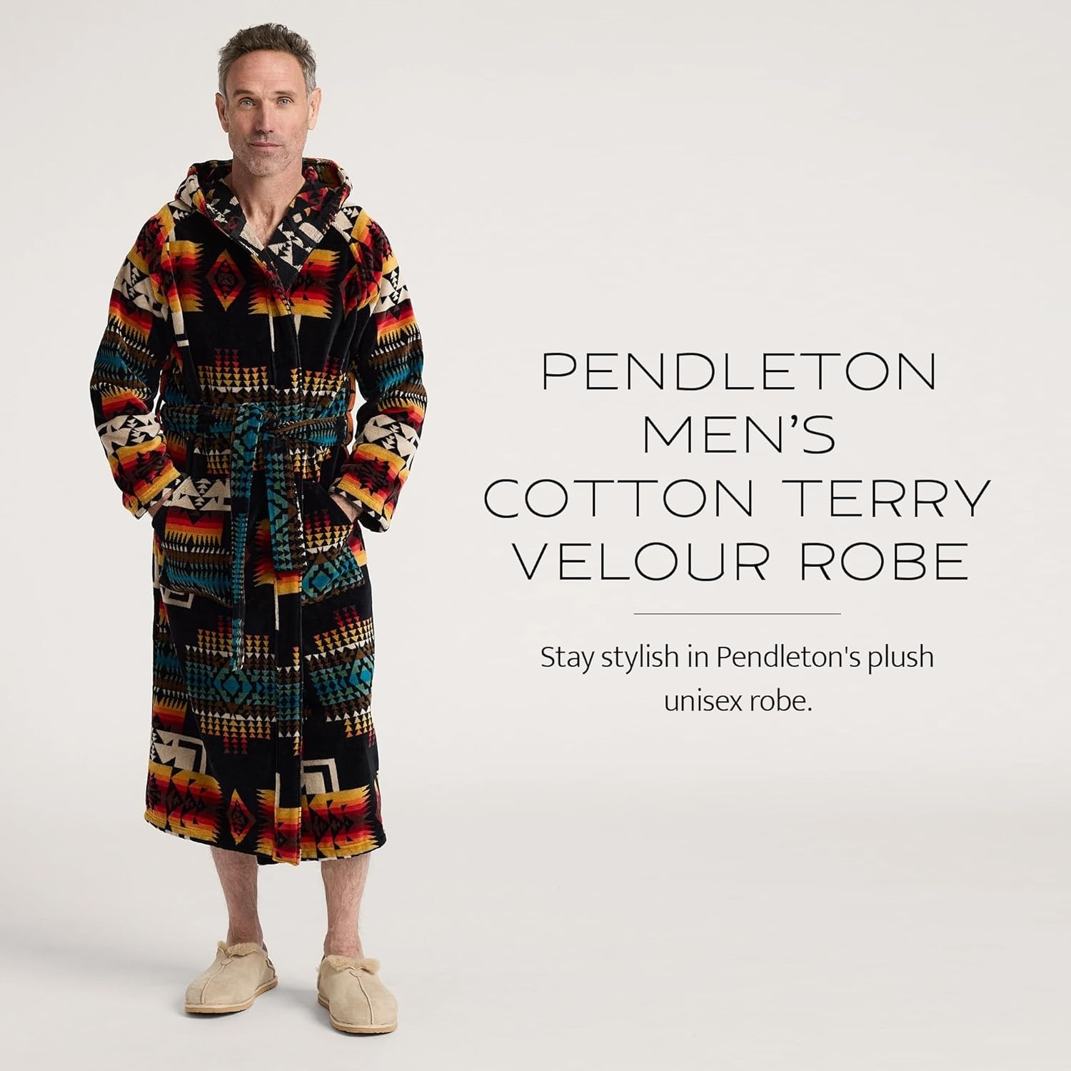 image:imagePendleton Mens Robe 100 Cotton Unisex Bathrobe with Hood and 2 Deep Pockets Dual Sizing XXS SM LXL WashableChief Joseph Black