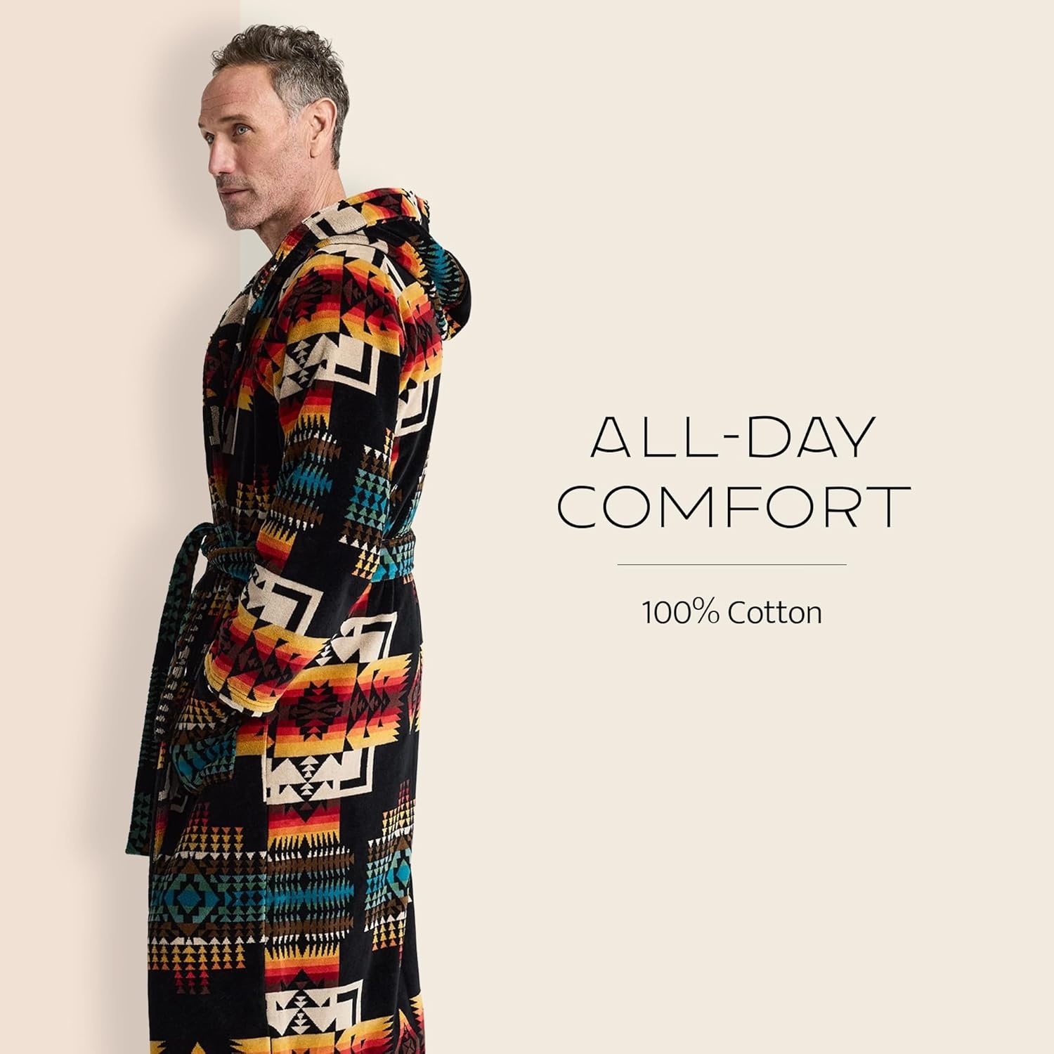 image:imagePendleton Mens Robe 100 Cotton Unisex Bathrobe with Hood and 2 Deep Pockets Dual Sizing XXS SM LXL WashableChief Joseph Black
