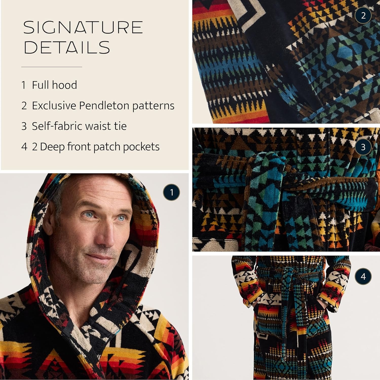 image:imagePendleton Mens Robe 100 Cotton Unisex Bathrobe with Hood and 2 Deep Pockets Dual Sizing XXS SM LXL WashableChief Joseph Black