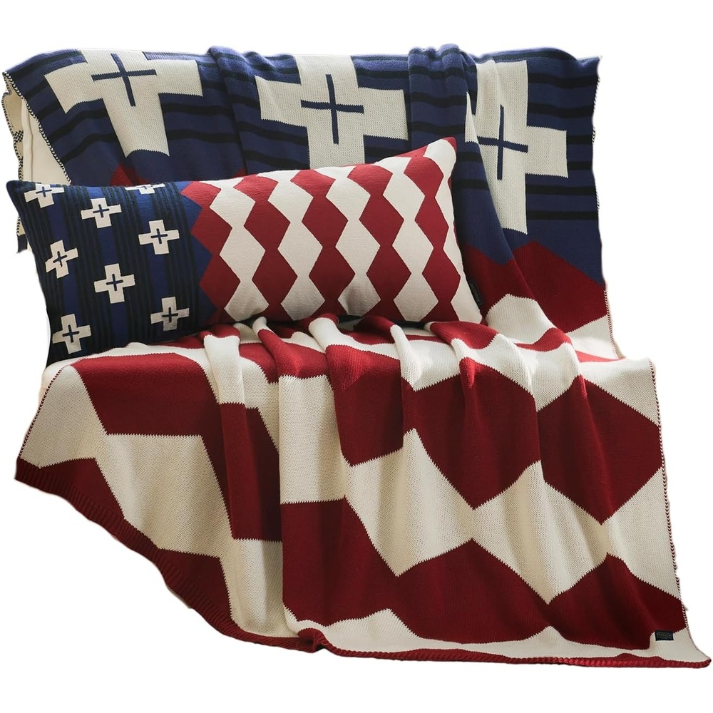 image:imagePendleton Patriotic Throw Blanket amp Decorative Pillow 100 Cotton Jacquard Knit Blue White amp Red Americana Throw amp Pillow 4th of July Independence Day Brave Star