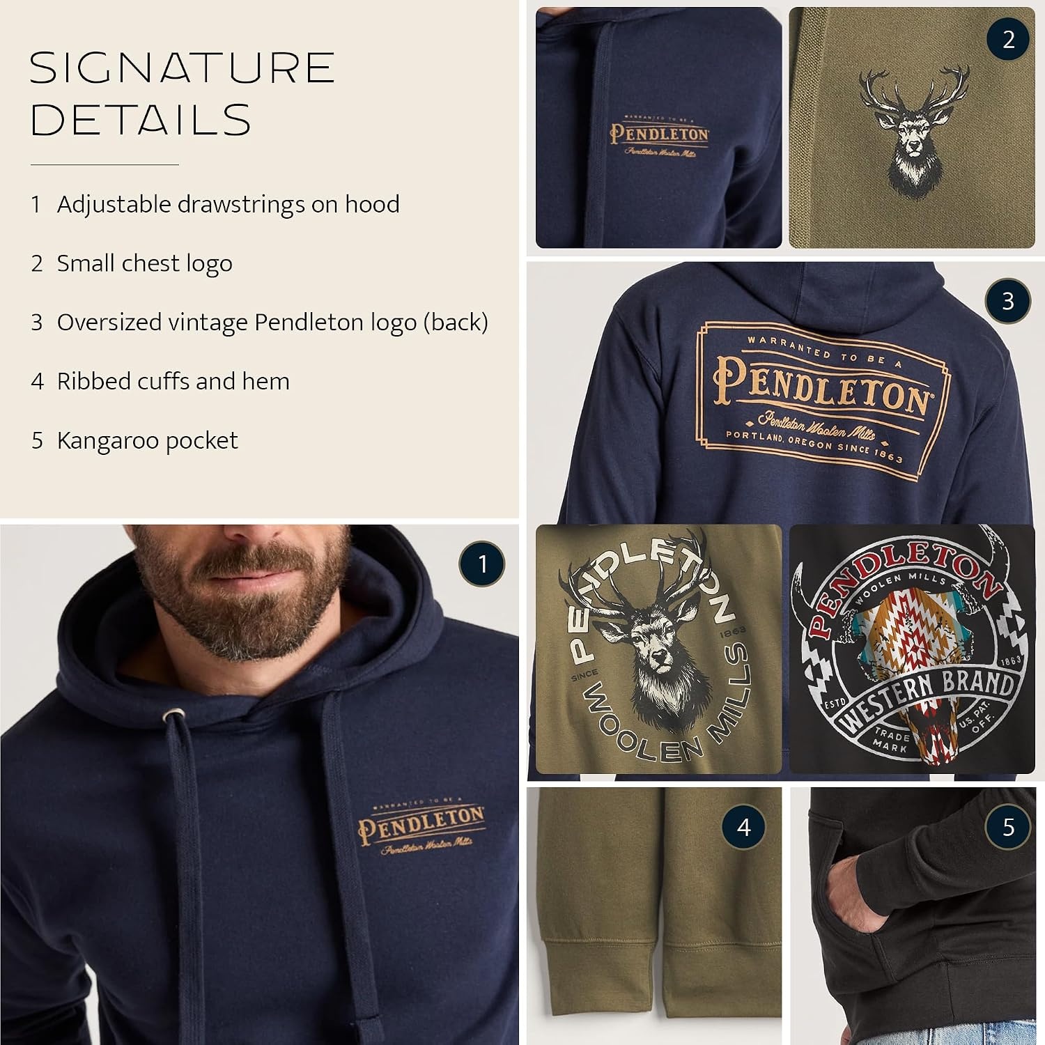 image:imagePendleton Mens Western Heritage Graphic Hoodie Soft Cotton Blend Sweatshirt with Iconic Designs and Hooded DrawstringMilitary GreenBlack